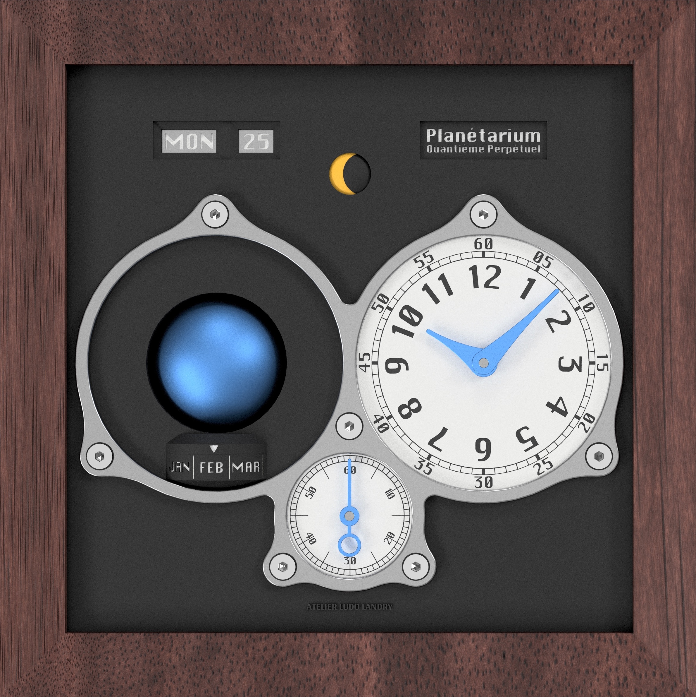 Front view showing suspended blue Earth model, time display, and moon phase complication